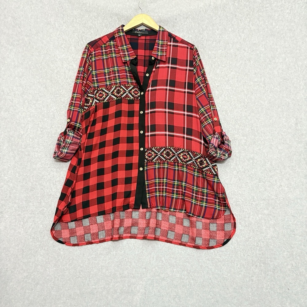 Calessa Women's Tunic Button Up Embroidered‎ Plaid Mixed Media Blouse Artsy XL